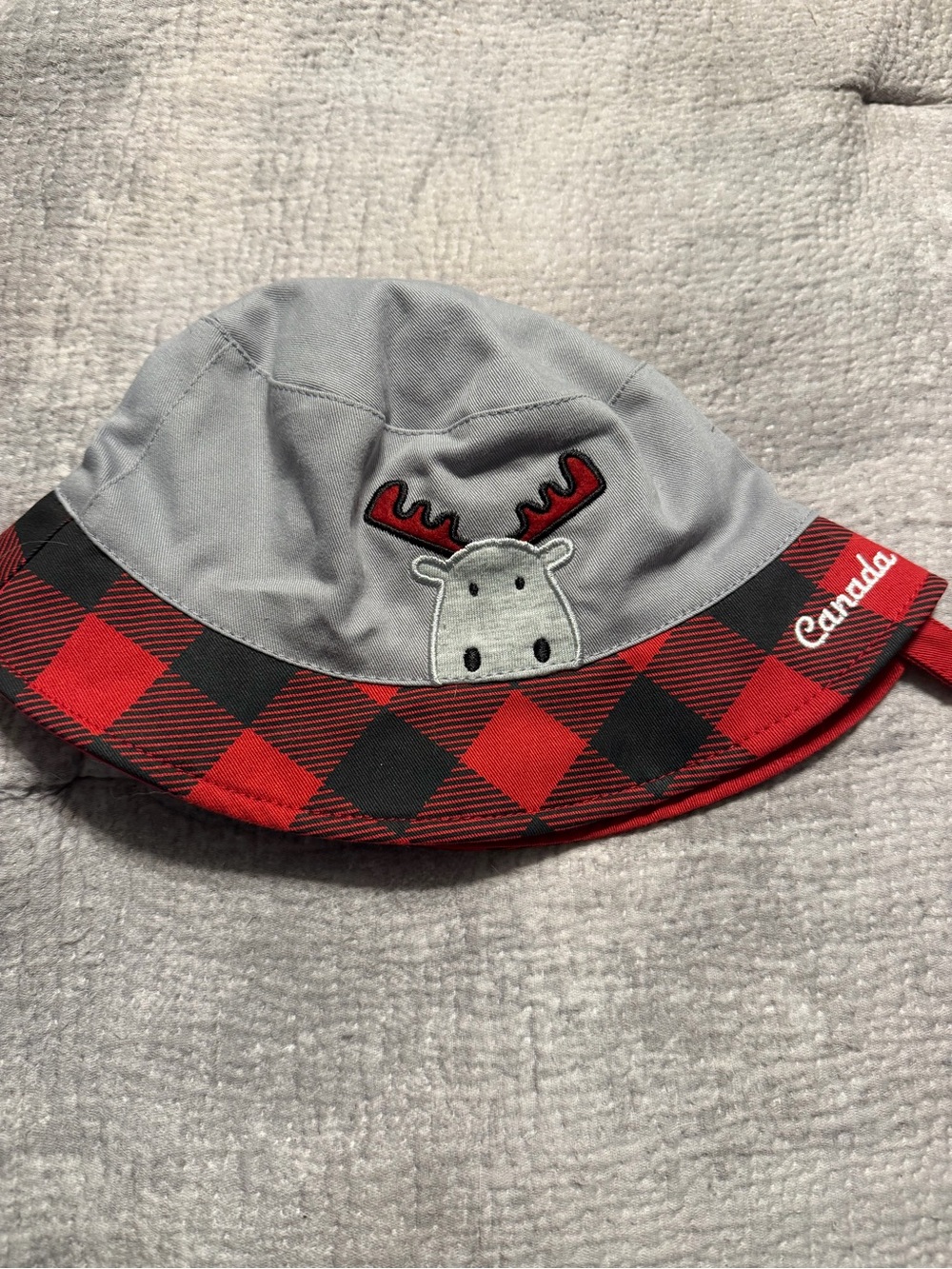 Kids Grey Hat with Red Buffalo Plaid Brim and Moose Accent